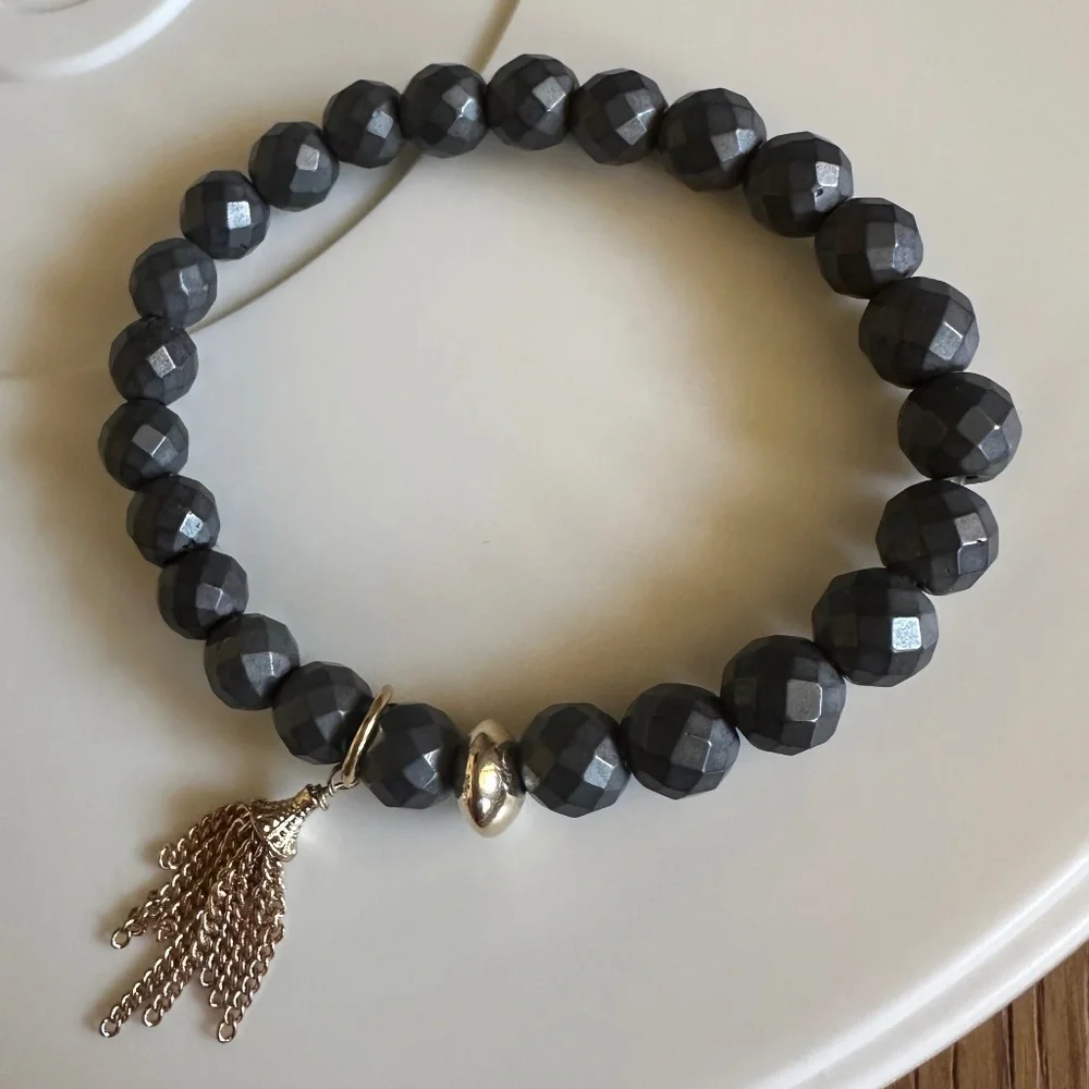 Classic Hematite 8mm Stretch Bracelet Gray Gold Bronze Tassel Charm